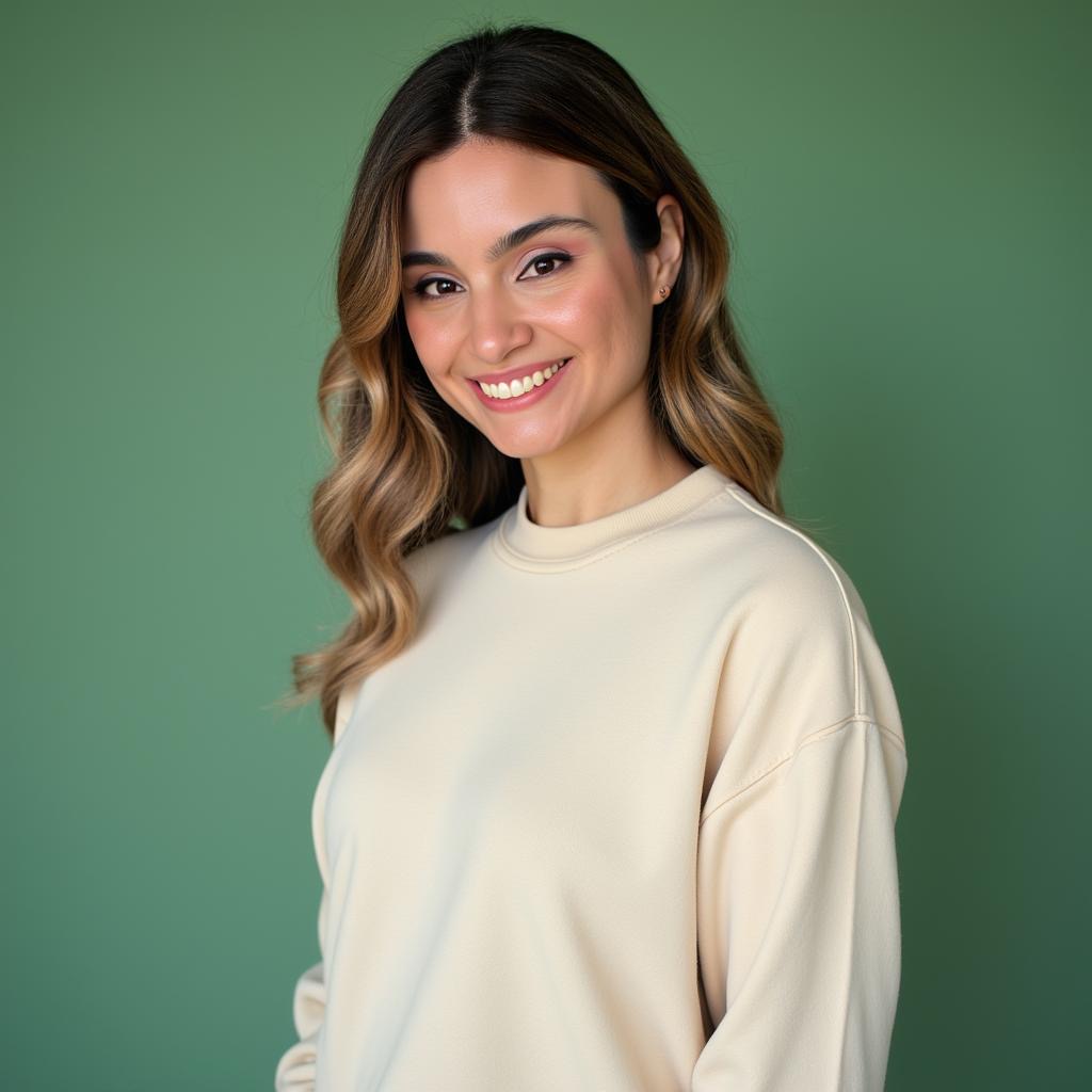 Smiling young woman with wavy hair in a beige sweater against a green background.